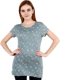 Shellocks Printed Cotton Hosiery Regular Fit Round Neck Half Sleeve Long Light Grey T-Shirt for Women