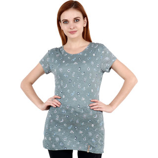 Shellocks Printed Cotton Hosiery Regular Fit Round Neck Half Sleeve Long Light Grey T-Shirt for Women