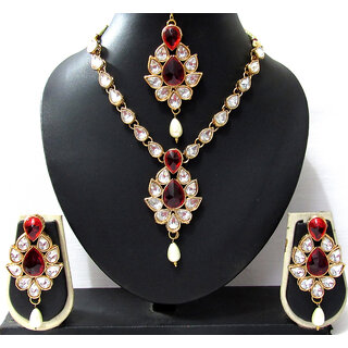                       White drop maroon stone necklace set                                              