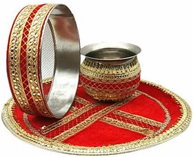 INFINITE GREEN Red Karva chauth Thali ( Decorated Thali , kalsh / Lota, Chlni ) - 1 Karva chauth Poja Thali Set