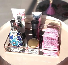 Ruhi Collections Tray Rectangle Glass with Rosegold Electroplating and Mirror Base Vanity Tray Table Decoration Gold 12