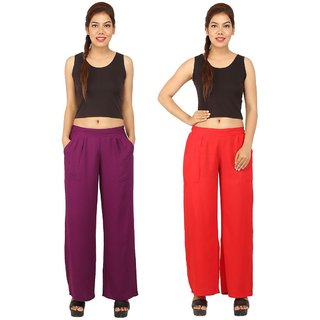                       Chinmaya Women's Solid Regular Fit Rayon Staple Palazzo (Purple And Red) ( Pack Of 2)                                              