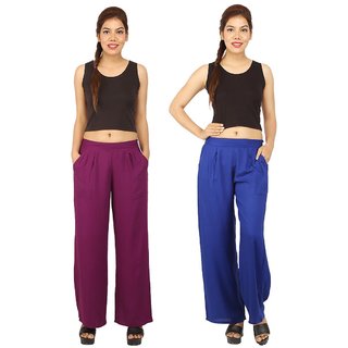                       Chinmaya Women's Solid Regular Fit Rayon Staple Palazzo (Purple And Blue) ( Pack Of 2)                                              