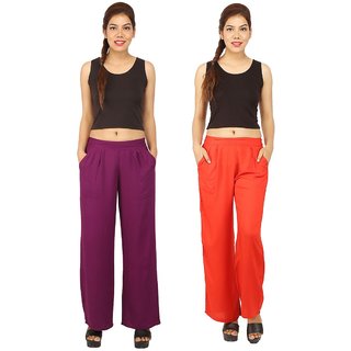                       Chinmaya Women's Solid Regular Fit Rayon Staple Palazzo (Purple And Orange) ( Pack Of 2)                                              