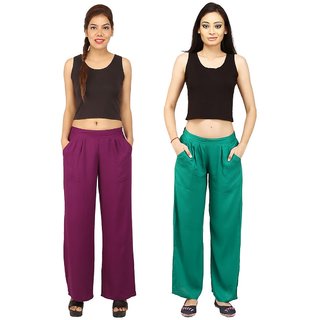                      Chinmaya Women's Solid Regular Fit Rayon Staple Palazzo (Purple And Green) ( Pack Of 2)                                              