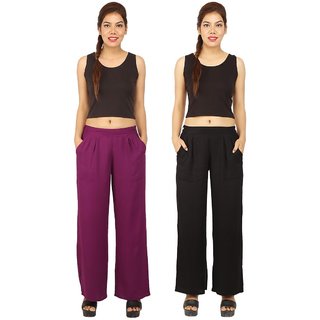                       Chinmaya Women's Solid Regular Fit Rayon Staple Palazzo (Purple And Black) ( Pack Of 2)                                              