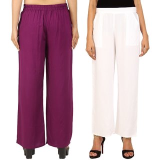                       Chinmaya Women's Solid Regular Fit Rayon Staple Palazzo (Purple And White) ( Pack Of 2)                                              