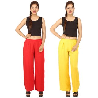                       Chinmaya Women's Solid Regular Fit Rayon Staple Palazzo (Red And Yellow) ( Pack Of 2)                                              