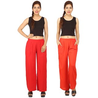                       Chinmaya Women's Solid Regular Fit Rayon Staple Palazzo (Red And Orange) ( Pack Of 2)                                              
