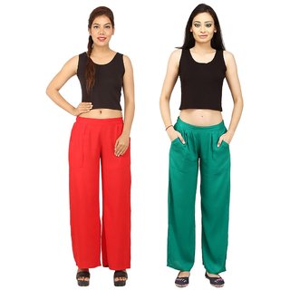                       Chinmaya Women's Solid Regular Fit Rayon Staple Palazzo (Red And Green) ( Pack Of 2)                                              