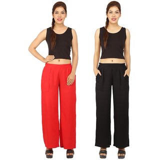                       Chinmaya Women's Solid Regular Fit Rayon Staple Palazzo (Red And Black) ( Pack Of 2)                                              