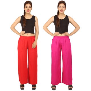                       Chinmaya Women's Solid Regular Fit Rayon Staple Palazzo (Red And Pink) ( Pack Of 2)                                              
