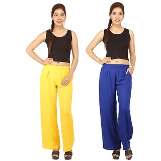                       Chinmaya Women's Solid Regular Fit Rayon Staple Palazzo (Yellow And Blue) ( Pack Of 2)                                              