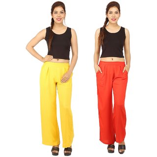                       Chinmaya Women's Solid Regular Fit Rayon Staple Palazzo (Yellow And Orange) ( Pack Of 2)                                              