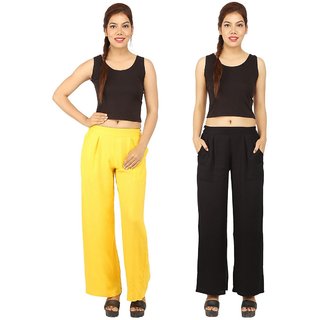                       Chinmaya Women's Solid Regular Fit Rayon Staple Palazzo (Yellow And Black) ( Pack Of 2)                                              