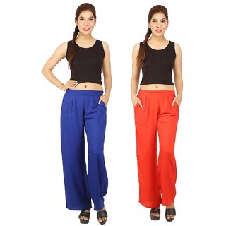                       Chinmaya Women's Solid Regular Fit Rayon Staple Palazzo (Blue And Orange) ( Pack Of 2)                                              