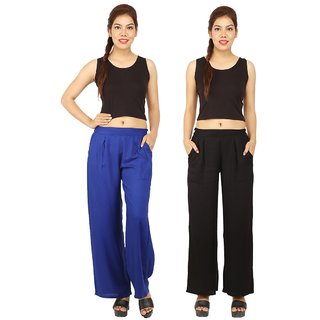                       Chinmaya Women's Solid Regular Fit Rayon Staple Palazzo (Blue And Black) ( Pack Of 2)                                              