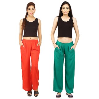                       Chinmaya Women's Solid Regular Fit Rayon Staple Palazzo (Orange And Green) ( Pack Of 2)                                              