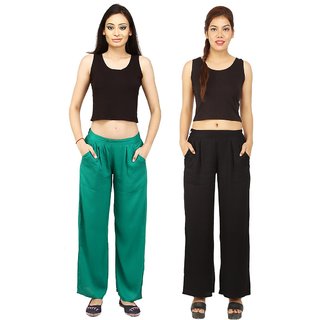                       Chinmaya Women's Solid Regular Fit Rayon Staple Palazzo (Green And Black) ( Pack Of 2)                                              