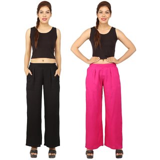                       Chinmaya Women's Solid Regular Fit Rayon Staple Palazzo (Black And Pink) ( Pack Of 2)                                              