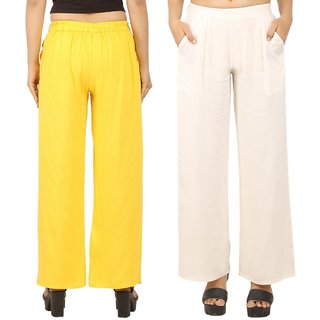                       Chinmaya Women's Solid Regular Fit Rayon Staple Palazzo (Yellow And White) ( Pack Of 2)                                              