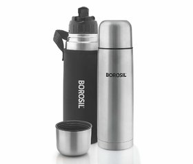 Borosil Hydra Thermo Stainless Steel Flask with black thermal cover, 500 ml, Silver