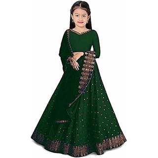 Femisha Creation Girls Green Satin Party Wear Semi Stitched Lehenga Choli(Suitable To 3-15 Years Girls)Free Size