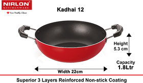 Nirlon Classic Range Non Stick Aluminium Kadai, 22Cm, Red/Black