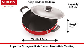 Nirlon Classic Range Non-Stick Aluminium Deep Kadhai, 2.2 Litres/22cm, Red/Black with Steel Lid