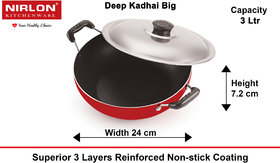 Nirlon Non-Stick Aluminium Kadhai, 3 litres, Red/Black