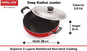 NIRLON Deep Kadhai with Lid Classic Range Non-Stick Cookware Curry Pot, Red & Black (Aluminium)
