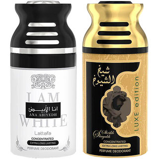 Lattafa Ana Abiyedh+SheikhShuyukhLuxe 250ml Deodorant Bodyspray Combo Pack of 2
