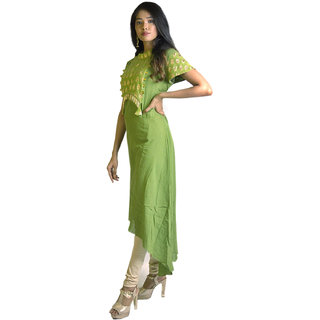 Asti Twam Fashion Parrot Green Cotton Muslin and Brocade Designer Kurti