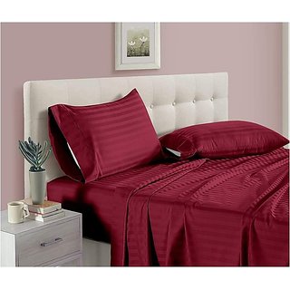                       Maroon Satin Strip Queen Size Cotton Double Bed Sheet with Two Pillow Covers (230x260 cm)                                              
