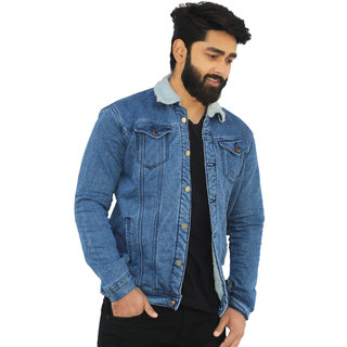 BAEMAN Men s Navy Solid Faux Fur Denim Jacket