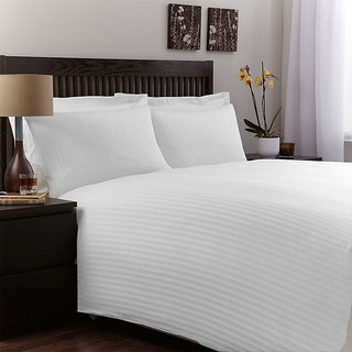                       White Satin Strip Plain Cotton Double Bed Sheet Super king Size with 2 Pillow Covers (275x275 cm)                                              