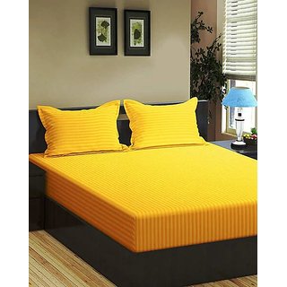                       ABC Golden Yellow Satin Strip Cotton Queen Size Double Bed Sheet 240TC (230x260 cm)                                              