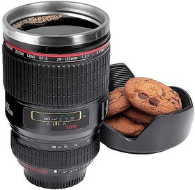 Stylo Camera Lens Coffee Mug with Lid Travel Mug, (350 ml, Black)- Pack of 2 Mugs