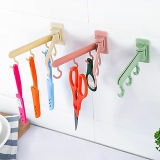 H'ENT 1pcs 180 Degree Rotate Shelf Adhesive 6 Hooks Towel Rack Hanging Holder
