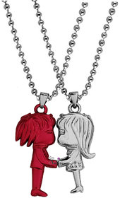 Sullery Valentine Day Gift Cute Girl And Boy Lovers Couple 2pc Red And Silver Metel  Necklace Chain For Men And Women