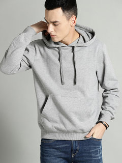Mishor Men Grey Solid Hooded Sweatshirt