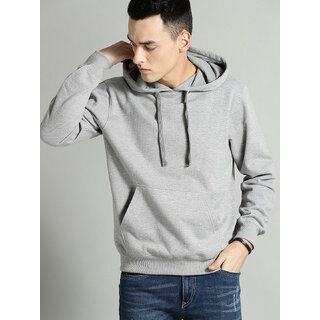 Mishor Men Grey Solid Hooded Sweatshirt