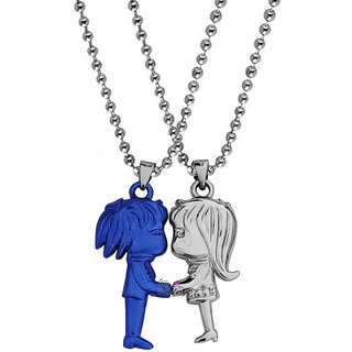                       Sullery Valentine Day Gift Cute Girl And Boy Lovers Couple 2pc Blue And Silver  Metel  Necklace Chain For Men And Women                                              