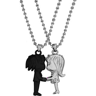                       Sullery Valentine Day Gift Cute Girl And Boy Lovers Couple 2pc Black And Silver  Metel  Necklace Chain For Men And Women                                              