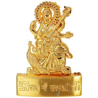                       KESAR ZEMS Golden Plated Goddess Sarswati Idol Showpiece Statue for Temple and Home Dcor (4.5 x 1 x 7 Cm) Golden.                                              