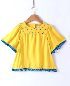 Soul Fairy Trendy Rayon Bell Sleeve Top With Pom Pom Lace - Yellow