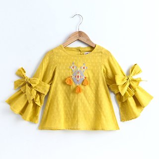 Soul Fairy Dobby Top With Tassle Embroidery And Tie Up At Sleeve