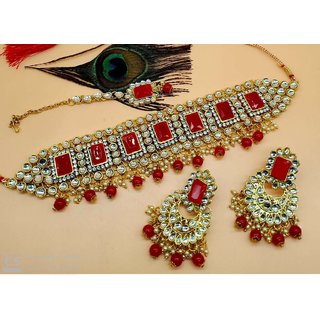                       Ethnic Indian Bollywood Red Kundan Pearl Choker Full Jewelry set                                              