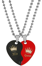 Sullery Valentine Day Gift His Queen Crown Broken Heart Couple Dual Locket With 2 Chain For Men And Women