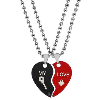                       Sullery Valentine Day Gift My Love Lock And  Key Broken Heart Couple Dual Locket With 2 Chain For Men And Women                                              
